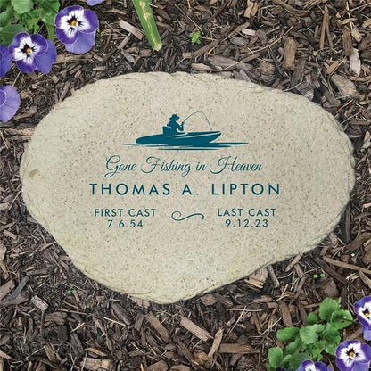 GiftsForYouNow Gone Fishing in Heaven Personalized Memorial Garden Stone, Flat UV Resin Stone, Measures 11.25" W x 7.75" H, Fisherman Memorial, Grandpa, Dad, Last Cast