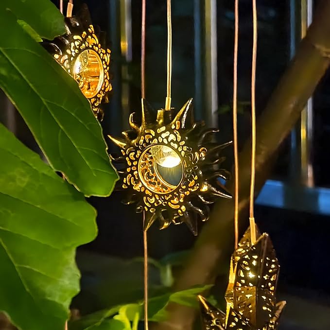 2 Pack Solar Wind Chimes for Outside Lights Sun Moon Star Outdoor Hanging Decor Warm Lights Prefert Gifts for Mom Wife Outdoor Windchimes for Garden Yard Patio Christmas Birthday Mothers Day