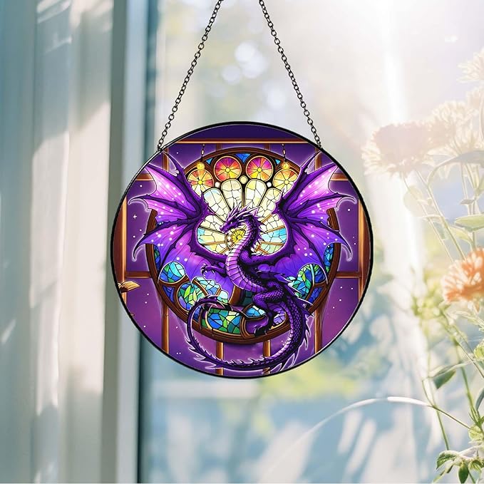 Purple Dragon Stained Glass Window Hanging Dragons SunCatcher Dragon Lovers Gifts for Kid Room Decor Handmade SunCatcher Decoration for Home Decor, 7.87inch