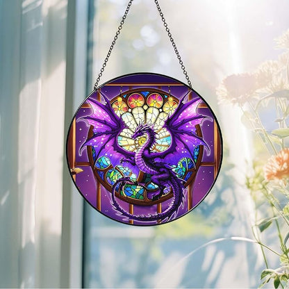Purple Dragon Stained Glass Window Hanging Dragons SunCatcher Dragon Lovers Gifts for Kid Room Decor Handmade SunCatcher Decoration for Home Decor, 7.87inch