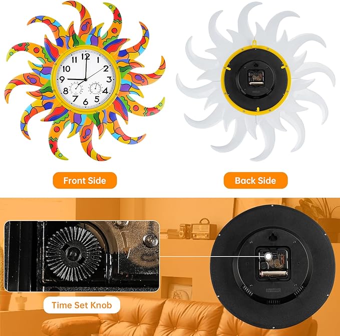 25-Inch Sun-Shaped Outdoor Clock and Thermometer Set, 10-Inch Dial, Battery Powered, Waterproof, Silent Quartz Movement (Colorful)