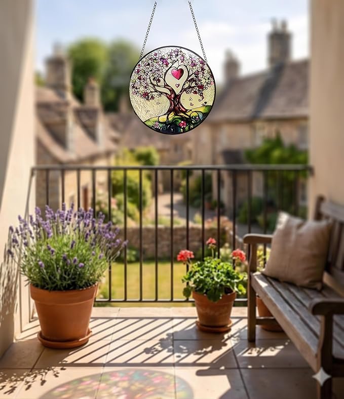 Stained Glass Suncatcher Window Hanging – Pink Tree of Life with Heart, Sun Catcher Window Decor, Meaningful Gift for Mom, Grandma, Nana, Birthday & Mother’s Day