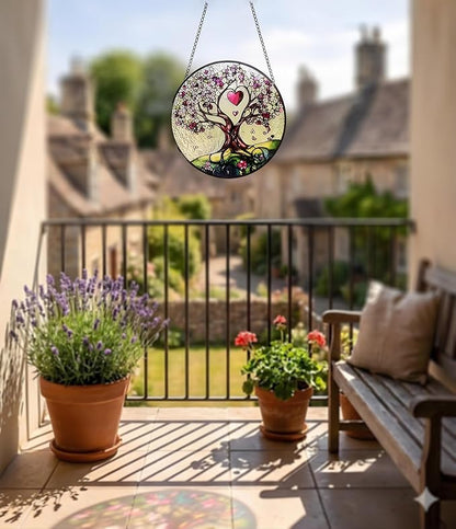 Stained Glass Suncatcher Window Hanging – Pink Tree of Life with Heart, Sun Catcher Window Decor, Meaningful Gift for Mom, Grandma, Nana, Birthday & Mother’s Day