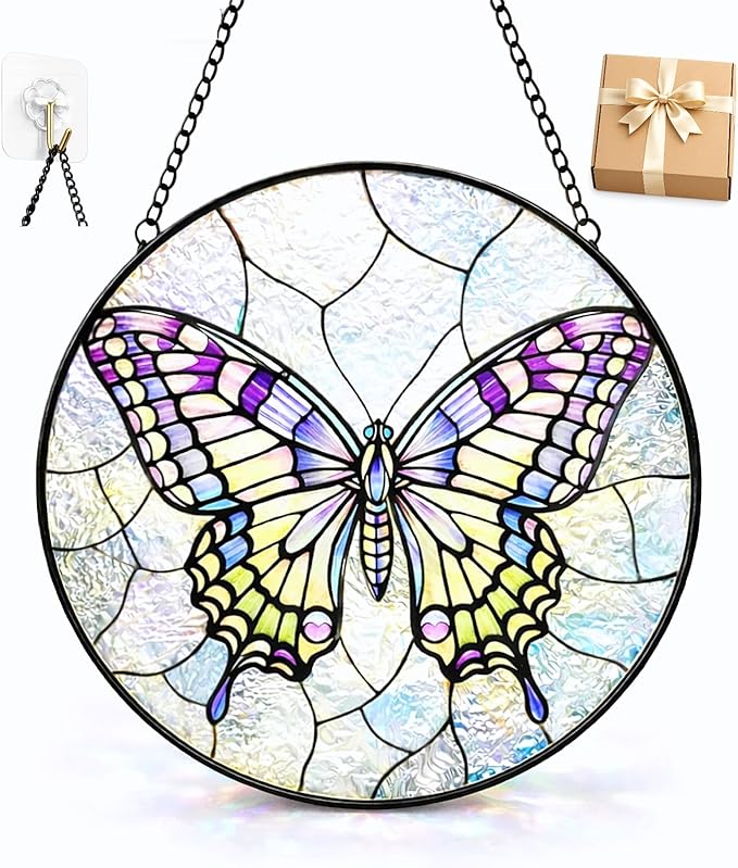 Butterfly Suncatcher Window Hanging, 7.8" Stained Glass Butterfly Decor, Meaningful Gift for Family, Friends and Loved Ones, Elegant Window Decor for Living Room, Sunroom, Office and Garden