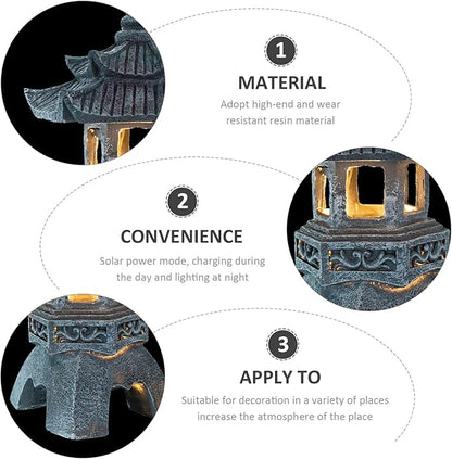 Yardwe Solar Pagoda Lantern Garden Statue Indoor Outdoor Zen Asian Decor for Landscape Balcony Garden Patio Porch Yard Ornament Grey