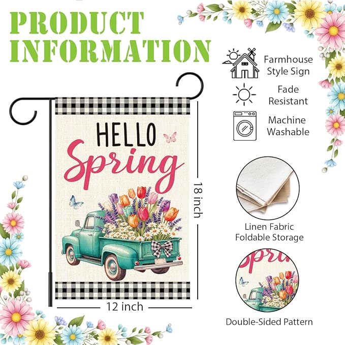 Hello Spring Garden Flag for Outside, Spring Flowers Truck Garden Flag Yard Flags for Lawn Porch Outdoor Decorations 12x18 Inch Double Sided