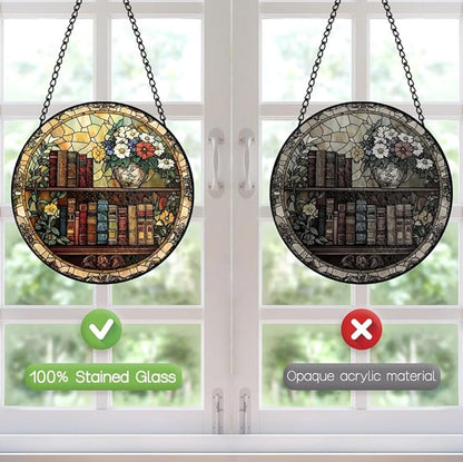Book Suncatcher Stained Glass Window Hanging - 8 Inch Books Flowers Suncatchers for Windows Hanging - Sun Catchers Indoor Wall Decor Glass Panel with Hook - Bookish Gifts for Women Men Book Lovers