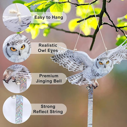 4Pack Plastic Owl Fake Owls, Reflective Owl Hanging Decoration, Barn Swallow Deterrent Dual-Side Printed Raster Fake Hawk for Garden Patio Windows