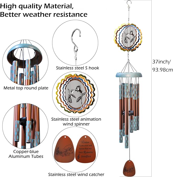 Aoedelyart Wind Chimes for Outside with 3D Animations Hummingbird Wind Spinner,37" Memorial WindChimes Outdoor Hanging Decor,Hummingbird Gift for Women Mom Grandma Wife,Garden Ornaments