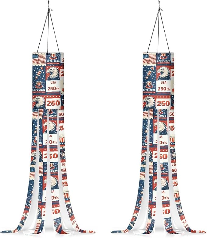 Jeiento Celebrate America's 250 Years Anniversary Windsock Flag 2 Pack,40Inch American Flag Windsock Flag Holiday Party Decoration Hanging Wind Socks for Farmhouse Yard Window Holiday Party Supplies