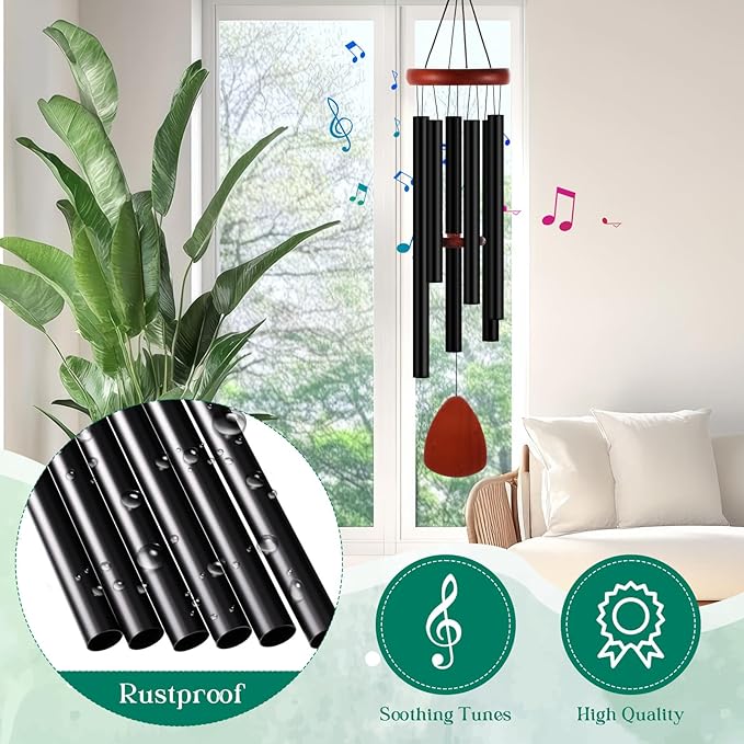Leinuosen Wind Chimes for Outside Wind Chimes Outdoors Deep Tones 28" with 6 Aluminum Tubes Memorial Sympathy Windchime for Valentine Tree Decor Garden Courtyard Mom Loved One Gifts(Classic,Black)