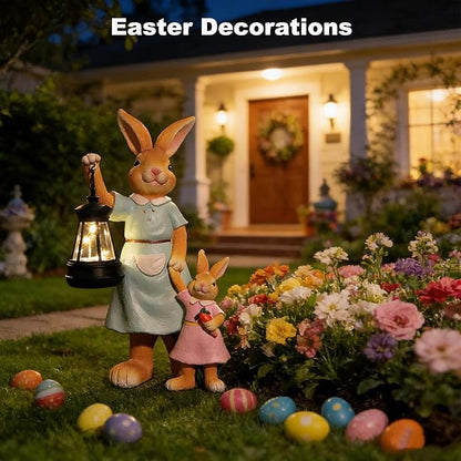 VEEKI Garden Statues Outdoor, Cute Rabbit Statue with Solar Lantern, Resin Bunny Figurines Lights Outdoor Waterproof for Patio Yard Lawn Ornament, Unique Housewarming Birthday Gifts for Women (Bunny)