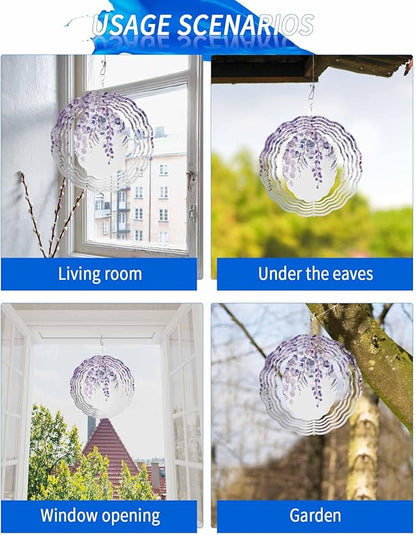 Stainless Steel Wind Spinner for Yard Garden Decoration, Purple Plant Eucalyptus Leaves Round Wind Sculpture Spinner 3D Crafts Hanging Ornaments for Indoor Outdoor, 8 Inch