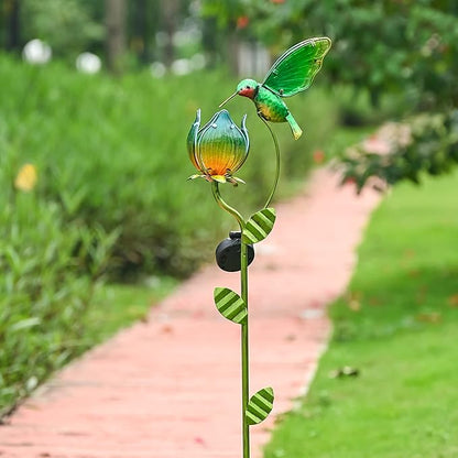 TERESA'S COLLECTIONS Glass Flower Bird Pathway Solar Outdoor Light for Garden Decor, 39'' Tulip and Hummingbird Metal Decorative Stakes Yard Art for Lawn Patio Porch Decorations, Gifts for Mom