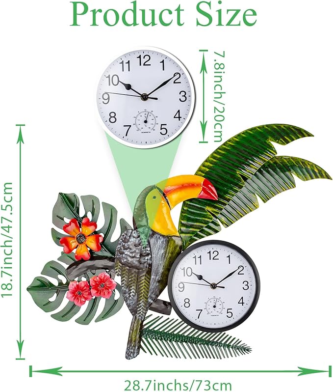 Toucan Outdoor Clock Silent Non-Ticking, Indoor Outdoor Clock and Thermometer Combo, Outside Wall Clock Metal Wall Art Decor for Patio, Garden, Home Decor