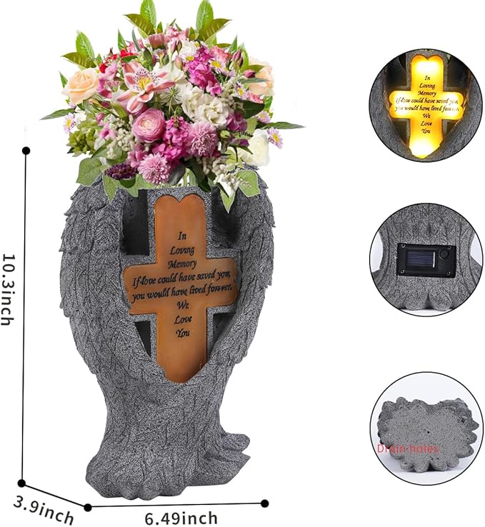 Grave Decorations for Cemetery，Heaven Angel Wing Cross, Graveyard Decoration, Vase with Solar LED Lamp, Resin Decorated Bereavement Statue, Gift in Memory of Relatives (Gray)