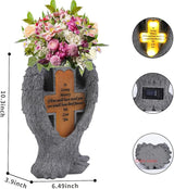 Grave Decorations for Cemetery，Heaven Angel Wing Cross, Graveyard Decoration, Vase with Solar LED Lamp, Resin Decorated Bereavement Statue, Gift in Memory of Relatives (Gray)
