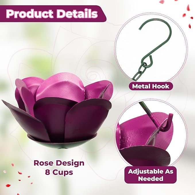 Kroc4vani 5.9ft Rose Rain Chain for Gutters Outside - Rain Chain with 8 Purple Rose Cups Adjustable Hanging Gutter Downspout Replacement for Eaves Drainage, Functional Decorative Outdoor Use