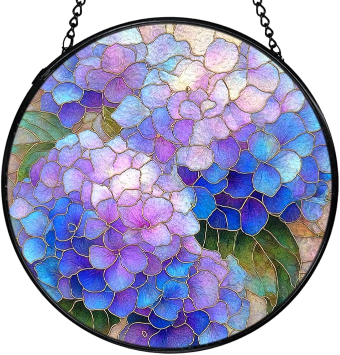 Hydrangea Decor, Spring Hydrangea Flower Suncatchers Stained Glass Window Hanging, Flower Sun Catchers Indoor Window Glass Round Wall Decor, Floral Wall Hanging Decorations, 7.9x7.9in