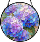 Hydrangea Decor, Spring Hydrangea Flower Suncatchers Stained Glass Window Hanging, Flower Sun Catchers Indoor Window Glass Round Wall Decor, Floral Wall Hanging Decorations, 7.9x7.9in