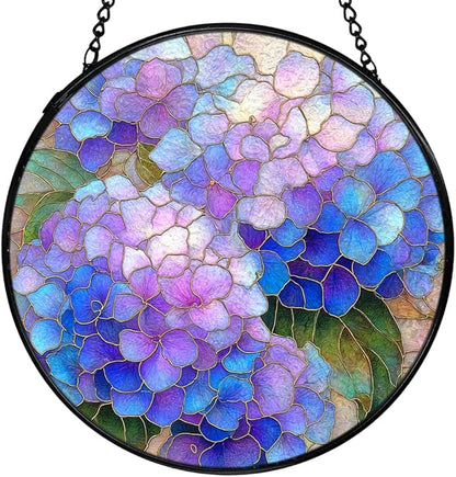 Hydrangea Decor, Spring Hydrangea Flower Suncatchers Stained Glass Window Hanging, Flower Sun Catchers Indoor Window Glass Round Wall Decor, Floral Wall Hanging Decorations, 7.9x7.9in
