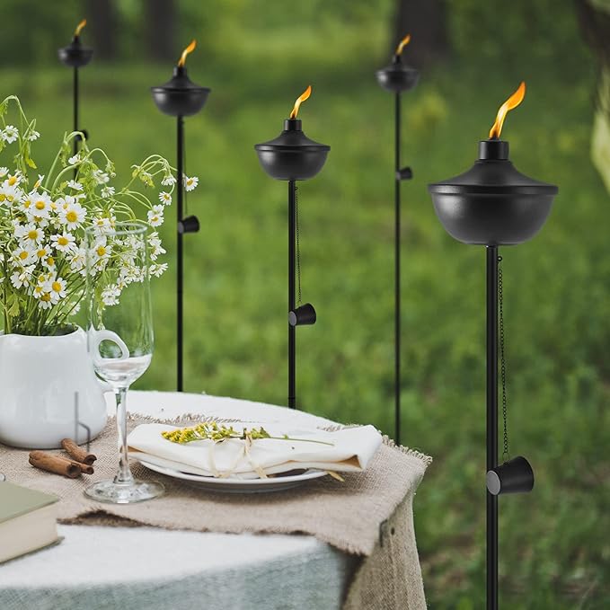 ZSZMFH Home Garden Torch Set of 6, Large Capacity 23.5oz Outdoor Metal Torch Garden Décor,55-Inch Upgraded Citronella Torches with 3-Prong Grounded Stake, Table Top Torches for Party Patio Pathway