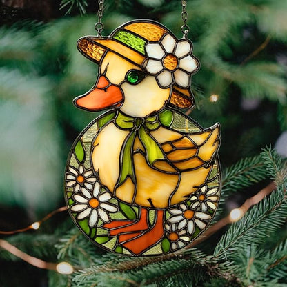 Mosaic Floral Daisy Duck Easter Acrylic Suncatcher Stained Glass Effect Window Car Hanging Christmas Ornament Indoor Outdoor Decor Garden Sun Catcher Panel for Easter Lover for Women Mom Grandma
