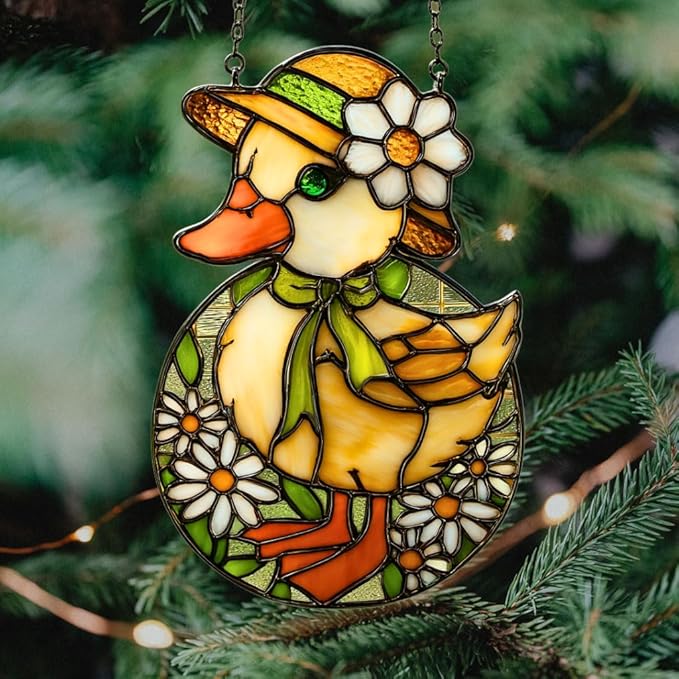 Mosaic Floral Daisy Duck Easter Acrylic Suncatcher Stained Glass Effect Window Car Hanging Christmas Ornament Indoor Outdoor Decor Garden Sun Catcher Panel for Easter Lover for Women Mom Grandma