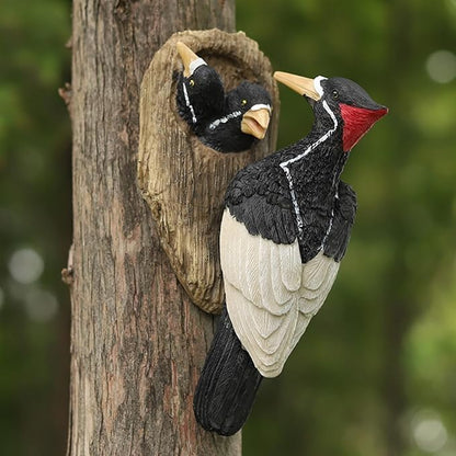 Mom and Baby Woodpecker Garden Statue Outdoor Tree Hugger Decor, Resin Hanging Bird Figurines Tree Peeker Yard Art Sculpture for Patio Lawn Porch Wall Ornaments