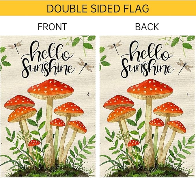 Hello Sunshine Garden Flag 12x18 inch Double-Sided Small Burlap mushrooms Yard Outside Lawn Rustic Farmhouse Flags Decorations