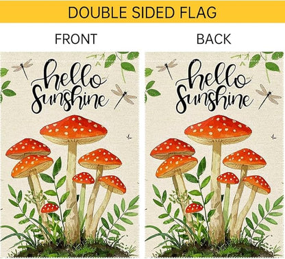 Hello Sunshine Garden Flag 12x18 inch Double-Sided Small Burlap mushrooms Yard Outside Lawn Rustic Farmhouse Flags Decorations
