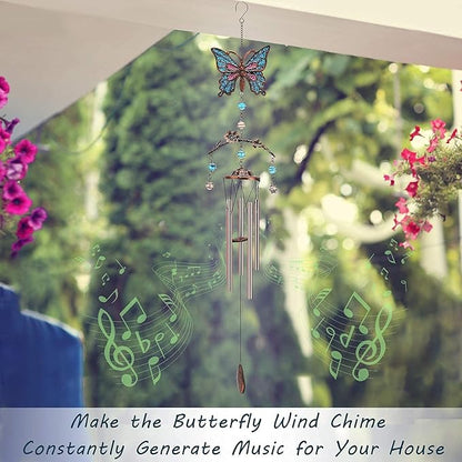 Blue Butterfly Wind Chimes - Wind Chimes for Outside Deep Tone 34 inches 5 Aluminum Tubes, Birthday, Memorial, Butterfly Gifts for Mom, Grandma, Daughter, Decor for Home, Garden, Patio, Backyard