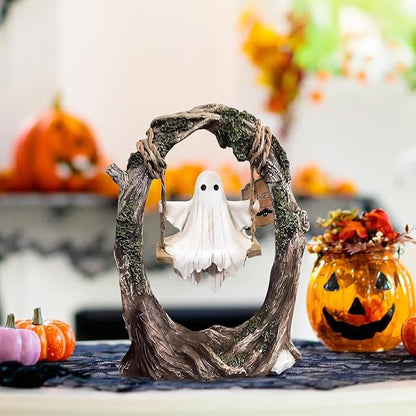 AZYM Ghost Halloween Decor,Ghost on a Tree Swing,Cute Funny Swinging Ghost Halloween Figurine Decoration,for Indoor Desktop Bookshelf Outdoor Garden Patio Lawn Decor