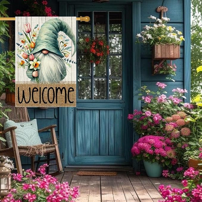 Welcome Spring Garden Flag 28x40 inch Burlap Double Sided Gnome Colorful Floral Small Summer Garden Flags Decorations For Outside Yard Home Outdoor Patio Lawn Decor (RMQ-186, 28"X40")