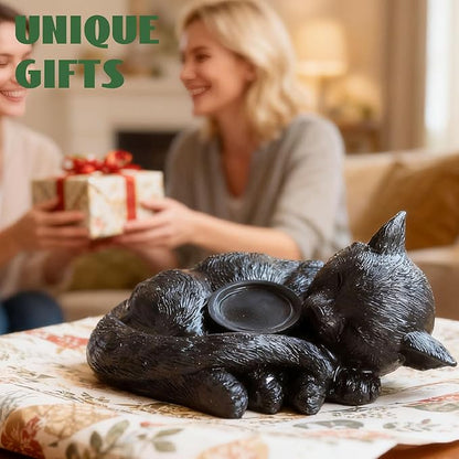 Sleeping Cat Candle Holder Statue Realistic Resin Cat Figurine with Candle Tray Outdoor Garden Decor for Patio Yard or Indoor Use for Cat Lovers Women and Memorials Black