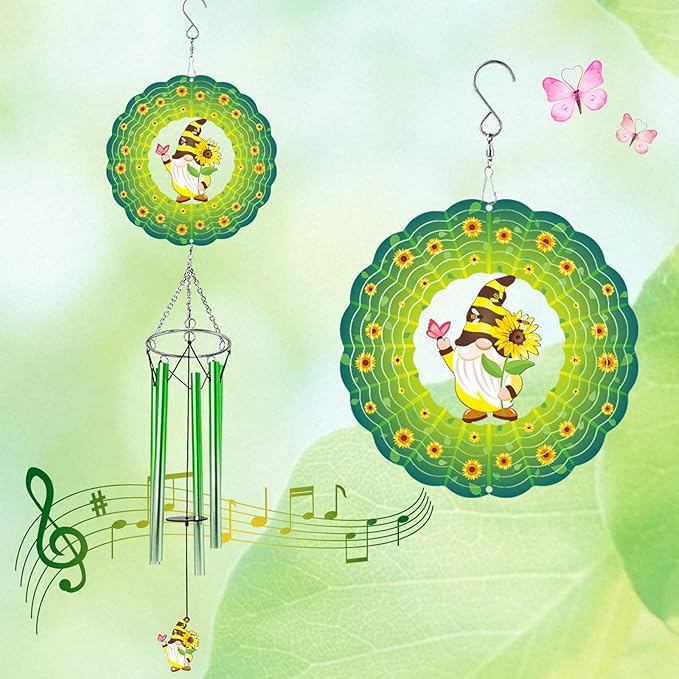 Green Cute Sunflower Gnome Wind Chime 3D Display Wind Spinner Birthday Memorial Gift Metal Decorative Wind Chimes for Yard, Garden, Backyard and Patio Outside Outdoor Decoration