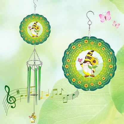 Green Cute Sunflower Gnome Wind Chime 3D Display Wind Spinner Birthday Memorial Gift Metal Decorative Wind Chimes for Yard, Garden, Backyard and Patio Outside Outdoor Decoration