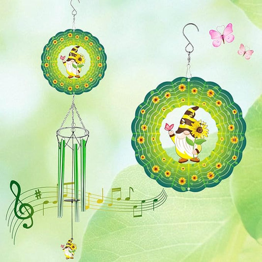 Green Cute Sunflower Gnome Wind Chime 3D Display Wind Spinner Birthday Memorial Gift Metal Decorative Wind Chimes for Yard, Garden, Backyard and Patio Outside Outdoor Decoration
