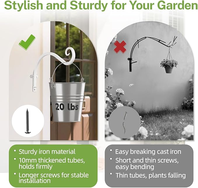 iDavosic.ly Plant Hangers Outdoor 2-Pack, 11.8 Inch Heavy Duty Iron Wall Brackets for Hanging Plants, Baskets, Bird Feeders, Lanterns, Wind Chimes, Indoor Metal Hooks for Garden Porch Patio, White