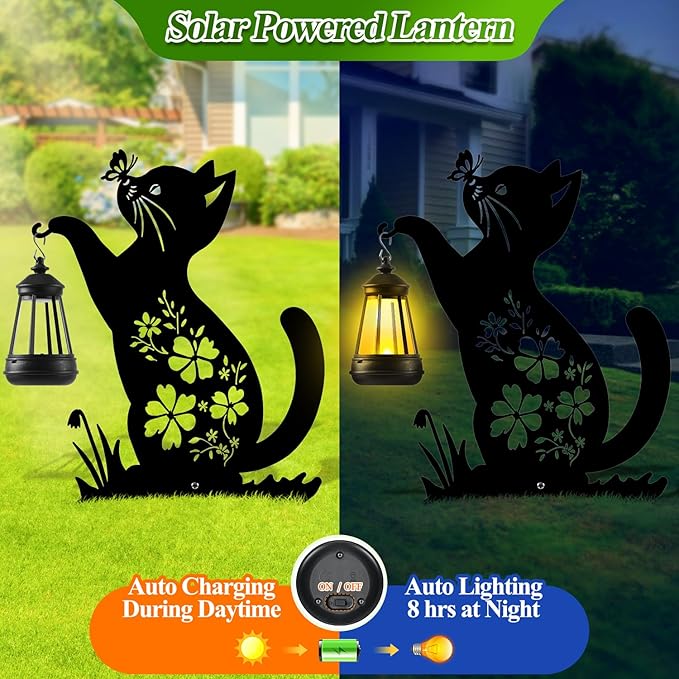 Tfro & Cile Cat Solar Light Outdoor Garden Lantern Stake Black Cat Halloween Decor with Butterfly Silhouette Decoration for Yard Lawn Patio