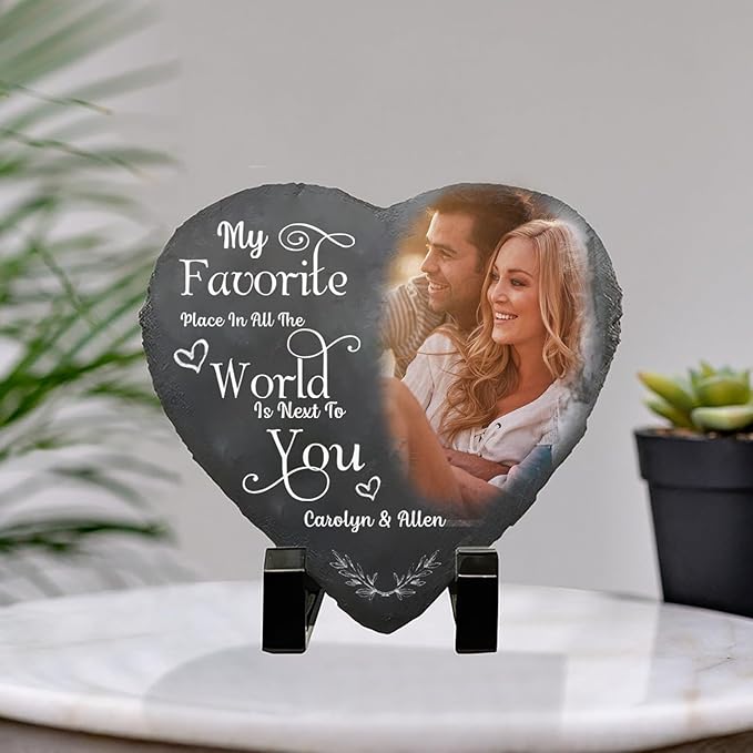 NAZENTI Custom Photo My Favorite Place In All The World Is Next To You, Couple Personalized Heart Shaped Stone With Stand, Gift For Husband Wife Anniversary Couples