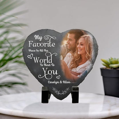 NAZENTI Custom Photo My Favorite Place In All The World Is Next To You, Couple Personalized Heart Shaped Stone With Stand, Gift For Husband Wife Anniversary Couples