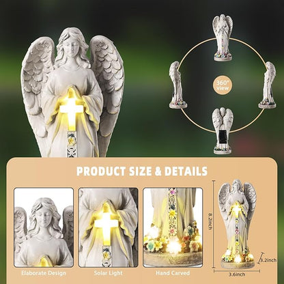 Angel Garden Statues Outdoor Cemetery Decorations for Grave 8.2" Resin Praying Angel Figurines Featuring Cross Solar Light Waterproof Angel Decor for Grave-Sympathy Gifts for Loss of Loved One