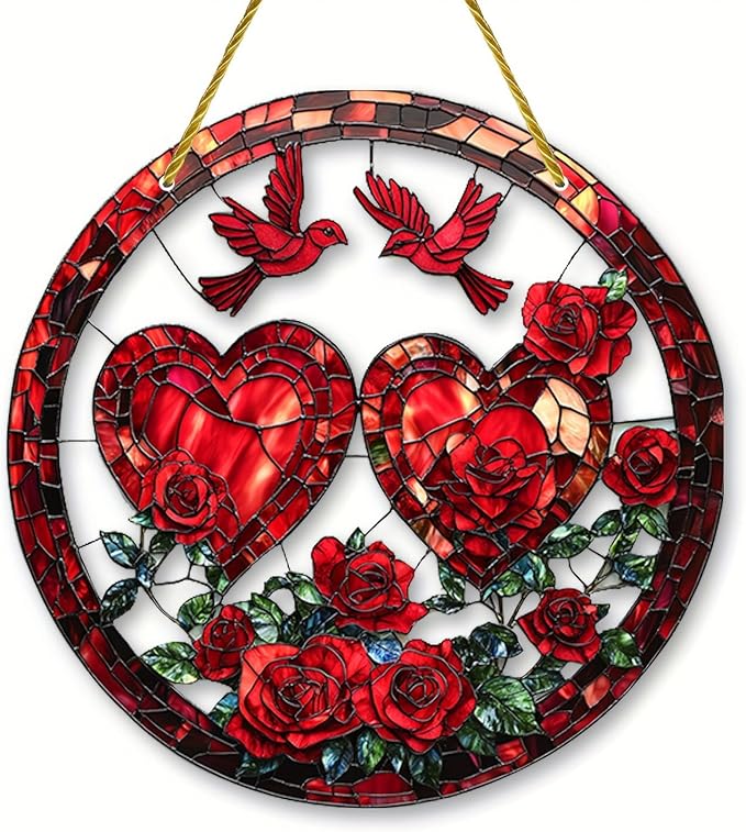 Valentine Heart Suncatcher Ornament Red Birds Rose Designs Pattern Window Hanging Suncatchers Full Cover Stained Glass for Garden Room Decor Valentine's Romantic Ornaments for Wife Gift