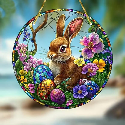 Easter Sun Catcher for Window Hanging Cute Bunny with Floral Designs Colorful Ornament Full Cover Acrylic Stained Glass for Garden Rabbit Suncatcher Room Party Decor Easter Gift
