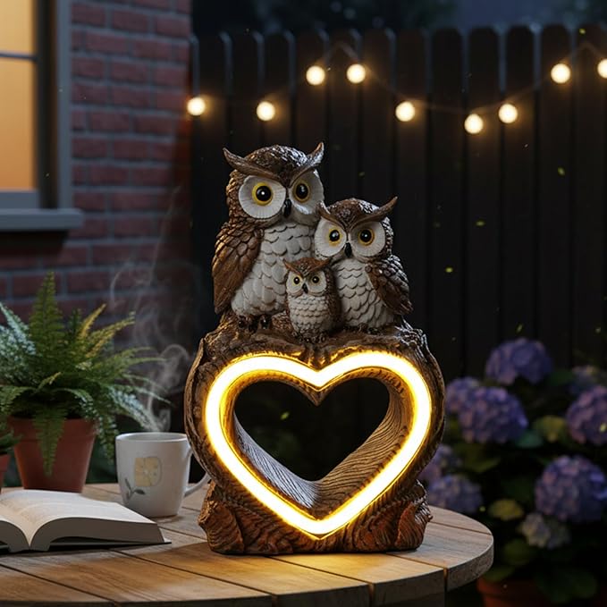 Solar Garden Decor Statues 7" Resin Solar Owl Waterproof Garden Owl Decor for Outside Yard Patio Porch Decoration Gift for Mom Grandma