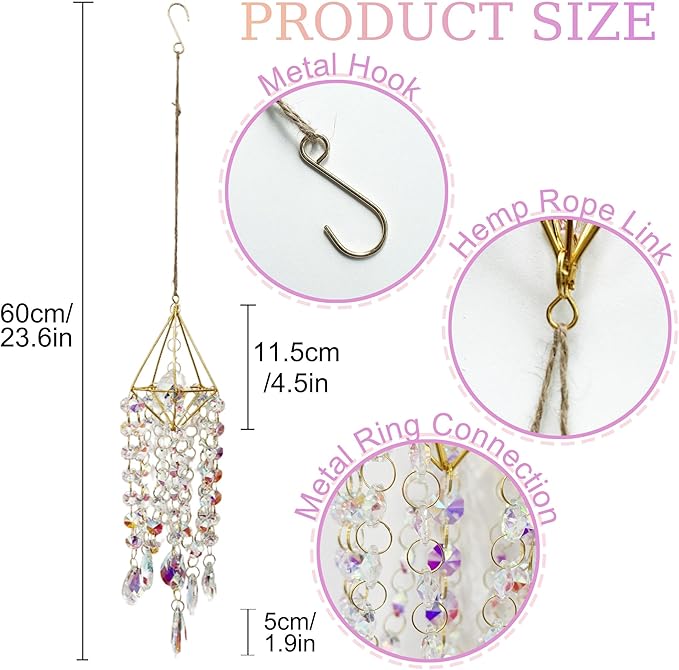Crystal Sun Catcher Hanging Suncatchers Crystal Prisms Wind Chime Room Decor for Garden Home Windows Decoration (Colorful Gold)