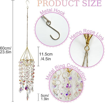 Crystal Sun Catcher Hanging Suncatchers Crystal Prisms Wind Chime Room Decor for Garden Home Windows Decoration (Colorful Gold)