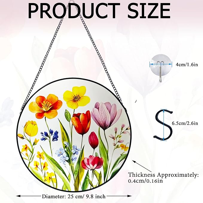 Tulip & Blossom Stained Glass Suncatcher, 9.8 Inch Stained Glass Window Hanging Watercolor Spring Flower Suncatcher for Indoor Outdoor Gifts for Mom, Women, Grandma, Wife