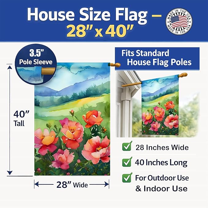 Caroline's Treasures Iowa Wild Prairie Roses in Watercolor House Flag Large Porch Sleeve Pole Decorative Outside Yard Banner Artwork Wall Hanging, Polyester, House Size, Multicolor